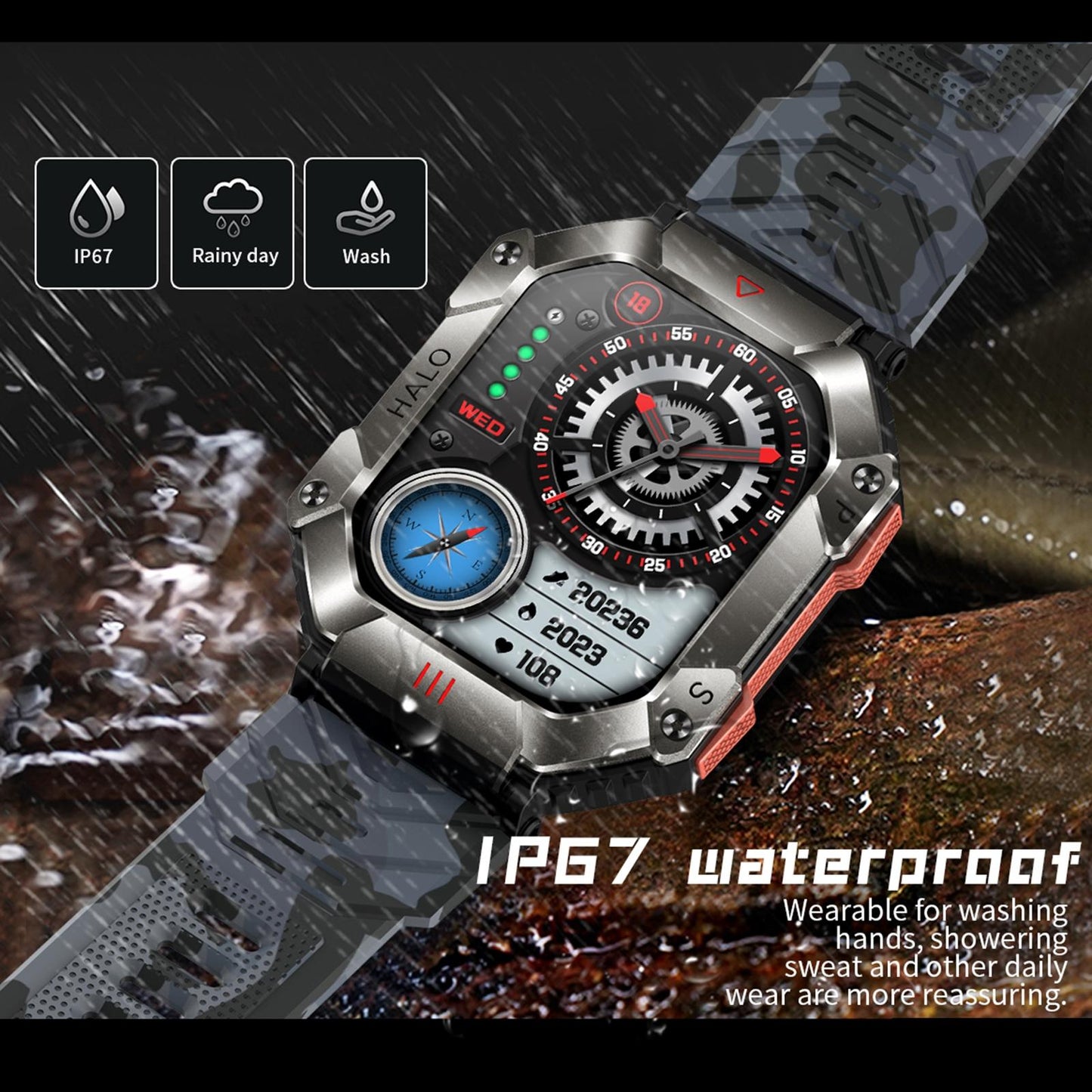 2.0 Inch Bt5.1 Ip67 Sport Smart Watch Support Bluetooth Call / Sleep / Blood Oxygen / Heart Rate / Blood Pressure Health Monitor - White + Camouflage