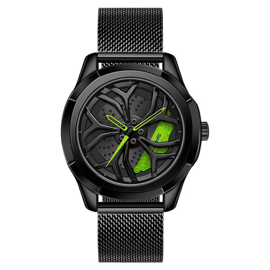 Men Mesh Belt Quartz Watch with 3d Hollow out Wheel - Black Green