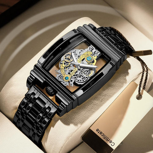 Waterproof Luminous Business Watch for Men - Gear Hollow Outdoor - Black Steel Steel Strap