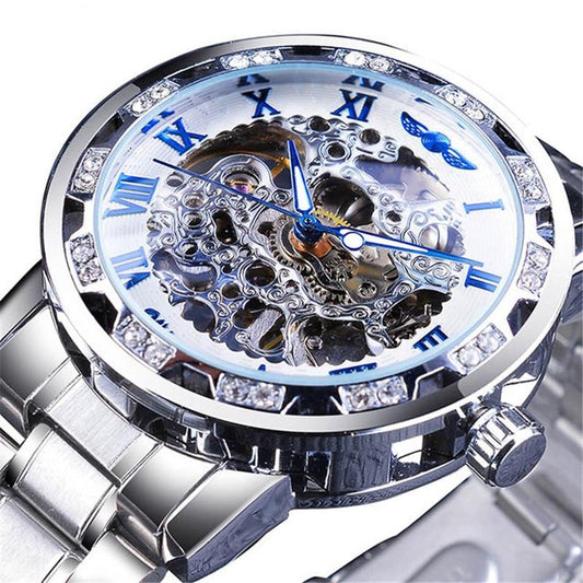 Men Skeleton Diamond Mechanical Watch - Luminous Pointer - Silver Belt Silver Shell White Face