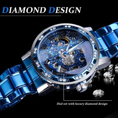 Men Skeleton Diamond Mechanical Watch - Luminous Pointer - Silver Belt Silver Shell White Face