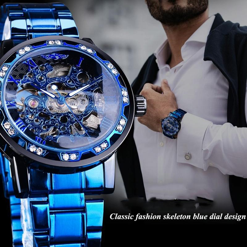 Men Skeleton Diamond Mechanical Watch - Luminous Pointer - Silver Belt Silver Shell White Face