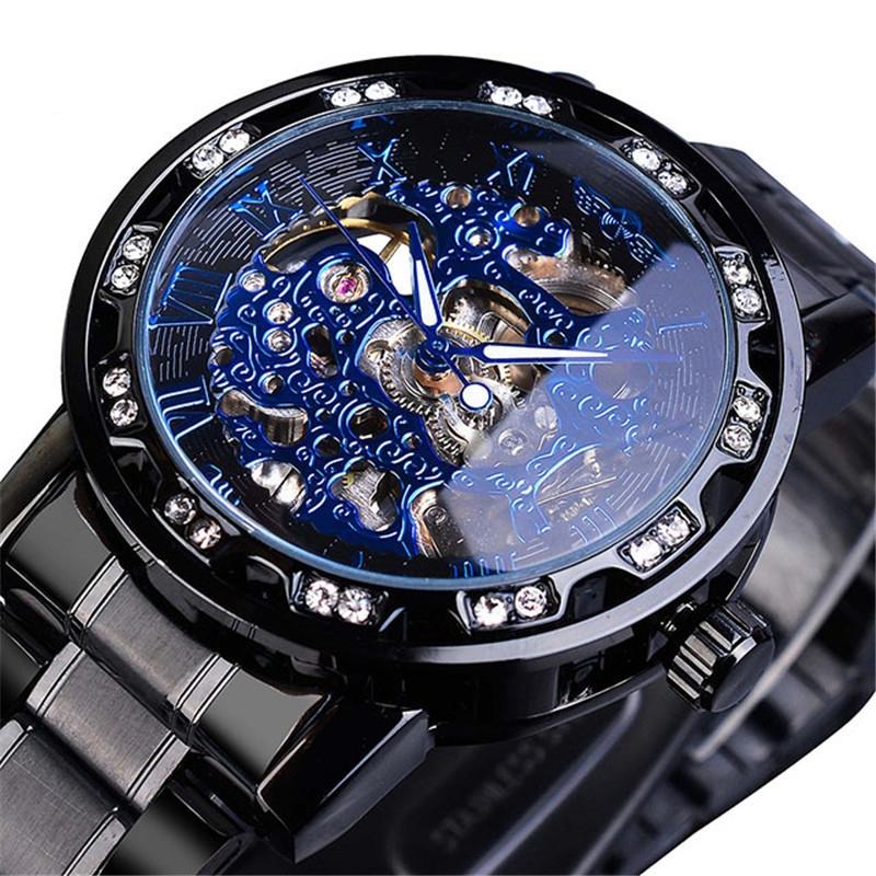 Men Skeleton Diamond Mechanical Watch - Luminous Pointer - Silver Belt Silver Shell White Face