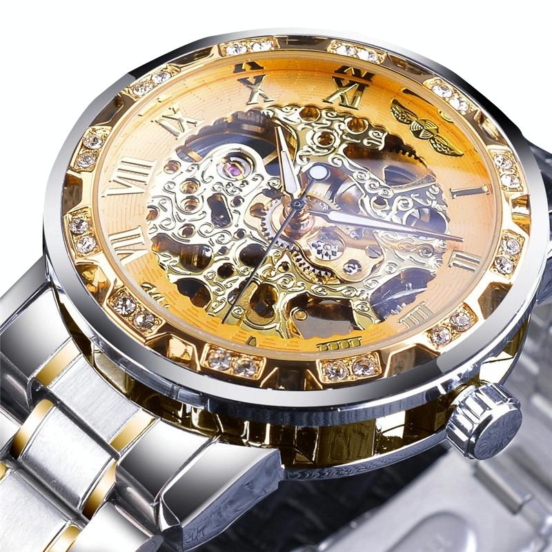 Men Skeleton Diamond Mechanical Watch - Luminous Pointer - Silver Belt Silver Shell White Face
