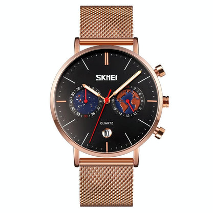 Men Stainless Steel Quartz Watch with Map Pattern Calendar - 9231 - Blue