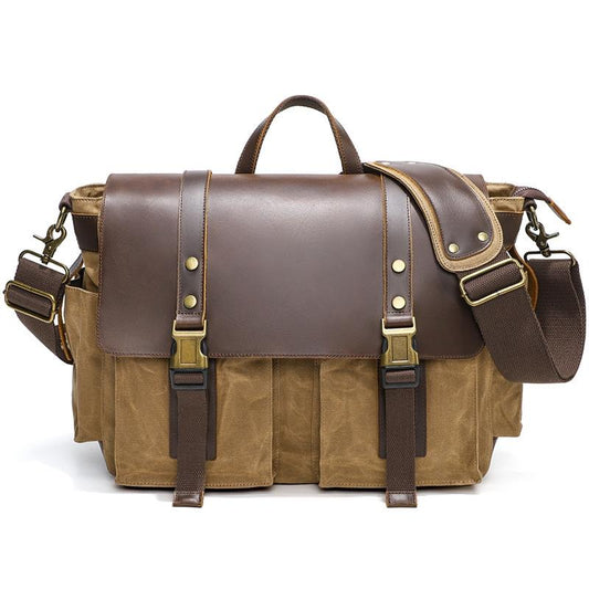 Leather Waxed Canvas Crossbody Bag For Outdoors - S11 Khaki