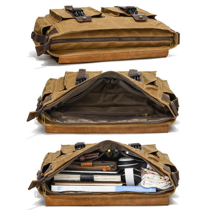 Leather Waxed Canvas Crossbody Bag For Outdoors - S11 Khaki