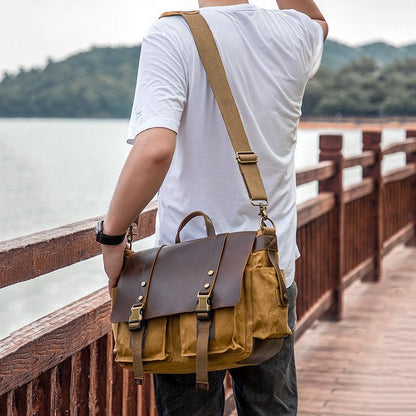 Leather Waxed Canvas Crossbody Bag For Outdoors - S11 Khaki