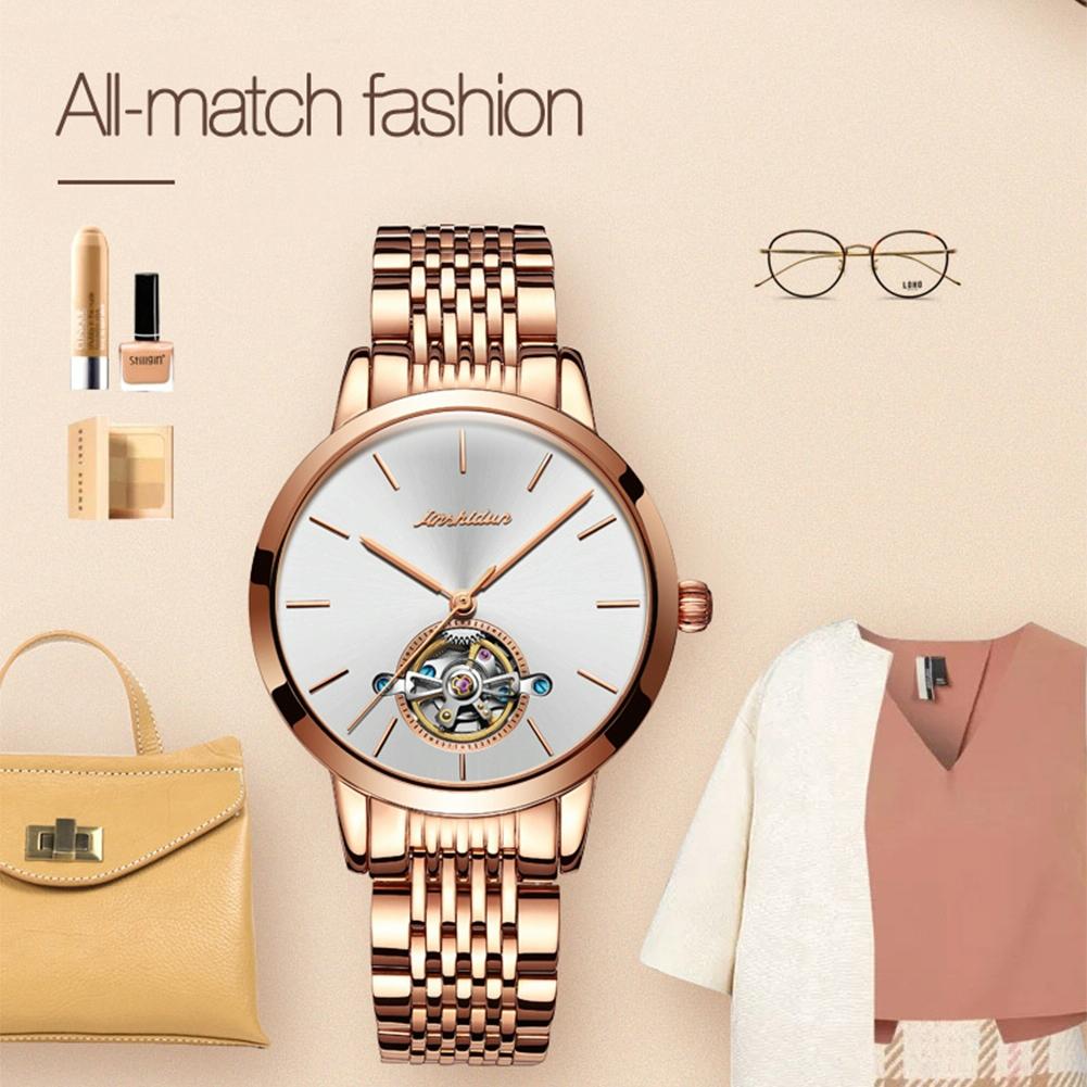 Waterproof Automatic Mechanical Watch for Women with Simple Hollow Design - Black Steel Strip Blue