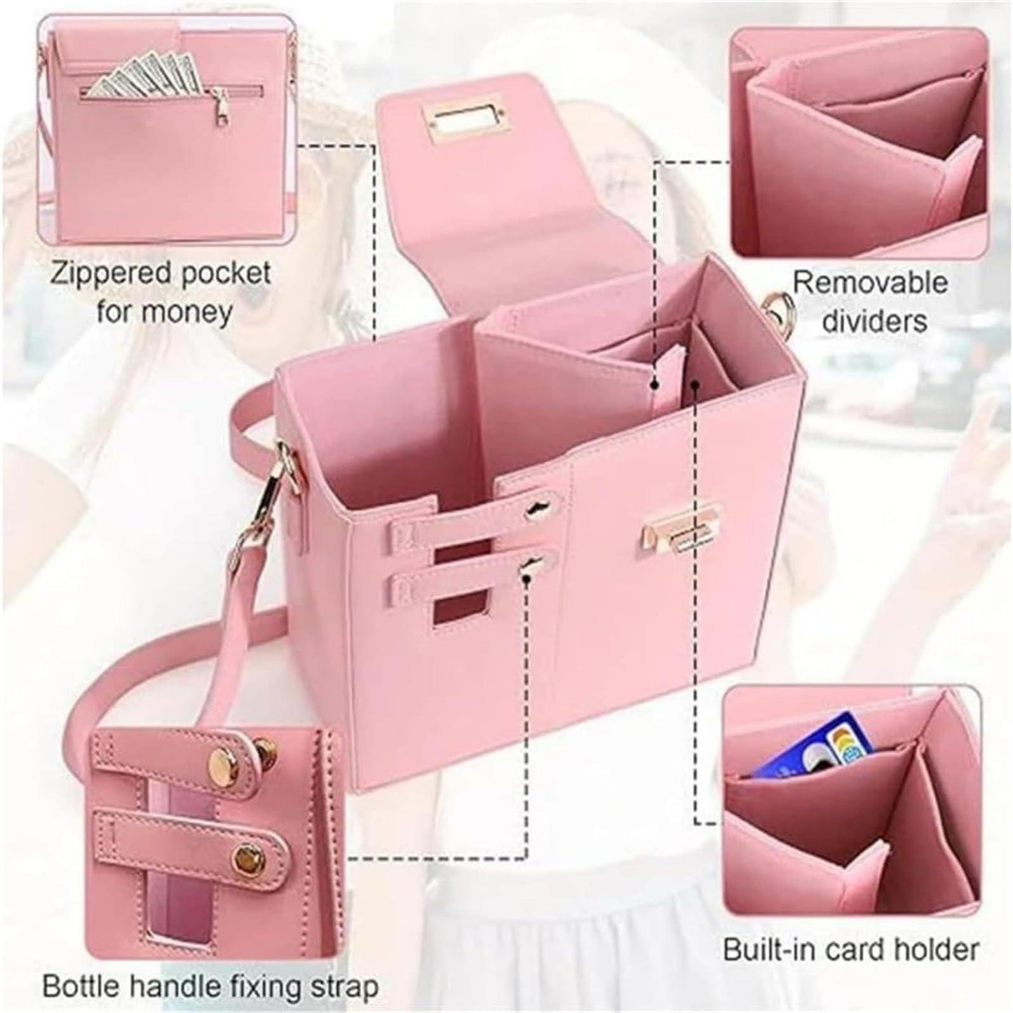 Leather Shoulder Bag For Water Bottles Fits Most Brands - Brown