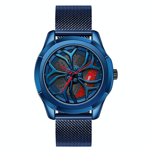 Men Mesh Belt Quartz Watch with 3d Hollow out Wheel - Blue Red