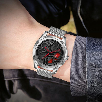 Men Mesh Belt Quartz Watch with 3d Hollow out Wheel - Blue Red