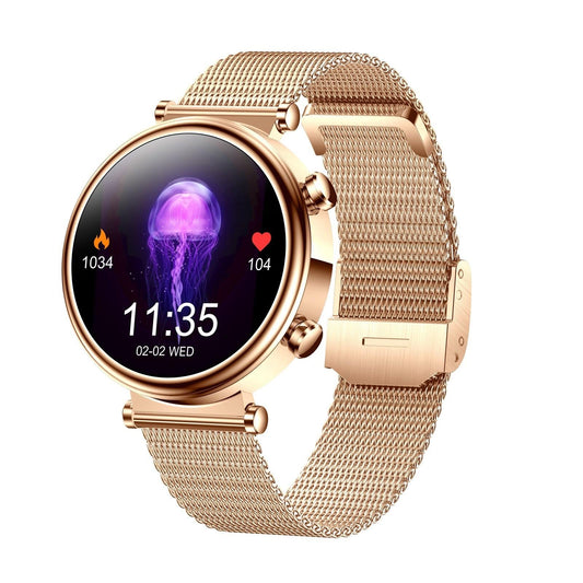Women Smart Watch With Bt Call Health Tracking And Sos - Compact And Stylish - Rose Gold Steel Band