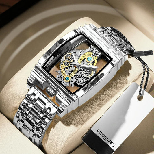 Waterproof Luminous Business Watch for Men - Gear Hollow Outdoor - White Steel Steel Strap