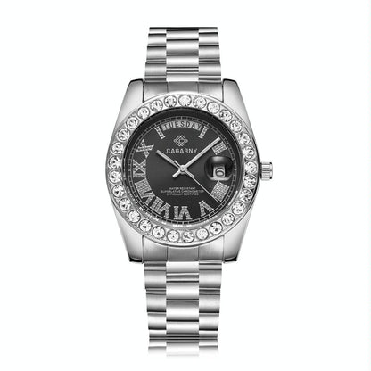 Men Quartz Watch with Diamond-encrusted Roman Numeral Dial - Gold Shell White Dial