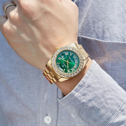 Men Quartz Watch with Diamond-encrusted Roman Numeral Dial - Gold Shell White Dial
