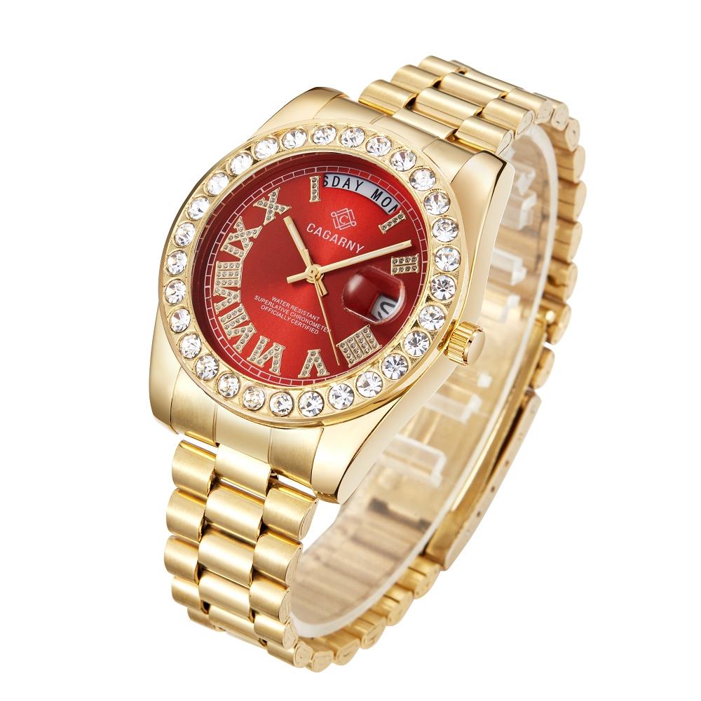 Men Quartz Watch with Diamond-encrusted Roman Numeral Dial - Gold Shell White Dial