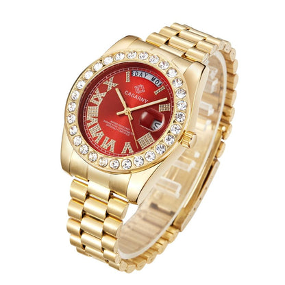 Men Quartz Watch with Diamond-encrusted Roman Numeral Dial - Gold Shell White Dial