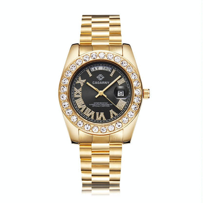 Men Quartz Watch with Diamond-encrusted Roman Numeral Dial - Gold Shell White Dial