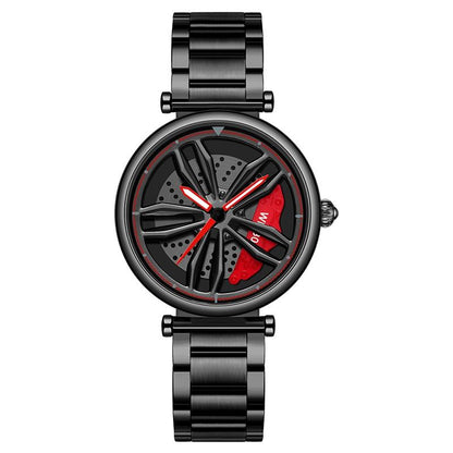 Women Steel Belt Quartz Watch with 3d Hollow out Wheel Design - Silver Red
