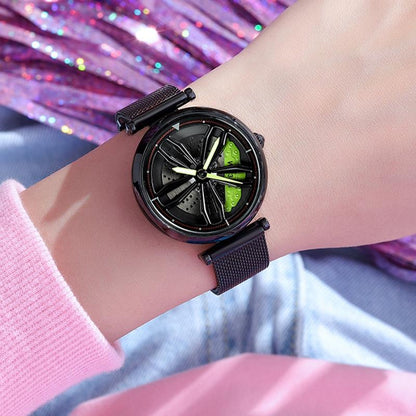 Women Steel Belt Quartz Watch with 3d Hollow out Wheel Design - Silver Red