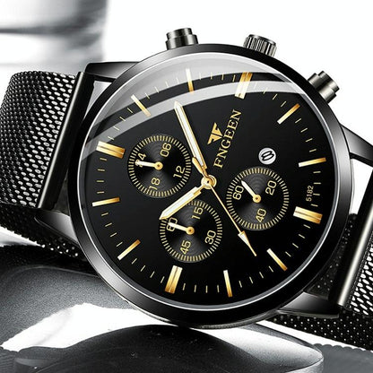 Men Three-eye Luminous Quartz Watch - Black / Gold