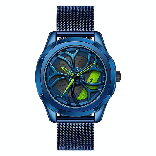 Men Mesh Belt Quartz Watch with 3d Hollow out Wheel - Blue Green