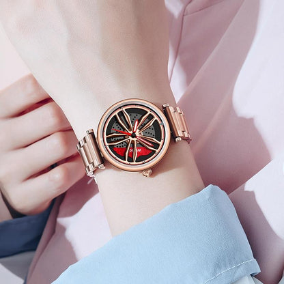 Women Quartz Watch with 3d Hollow out Wheel Design - Silver Red