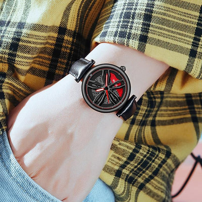 Women Quartz Watch with 3d Hollow out Wheel Design - Silver Red