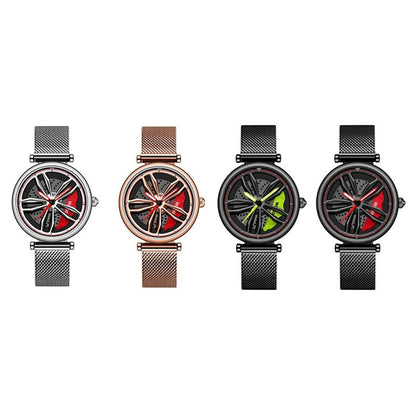 Women Quartz Watch with 3d Hollow out Wheel Design - Silver Red