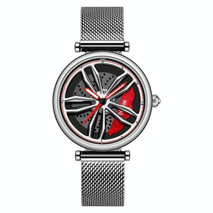 Women Quartz Watch with 3d Hollow out Wheel Design - Silver Red