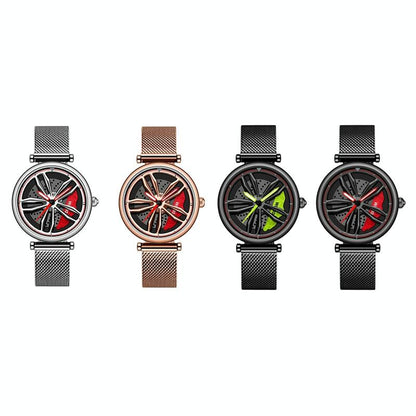 Women Quartz Watch with 3d Hollow out Wheel Design - Silver Red