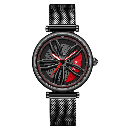 Women Quartz Watch with 3d Hollow out Wheel Design - Silver Red