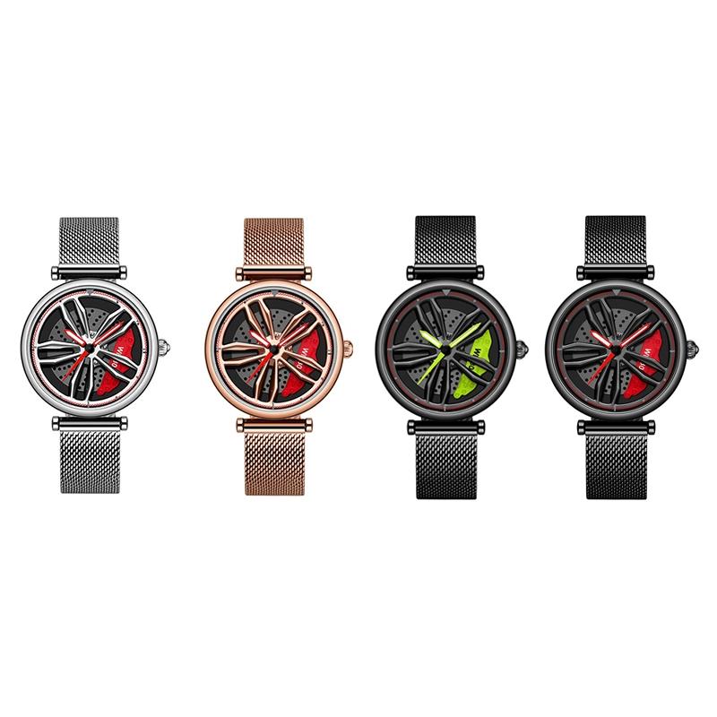 Women Quartz Watch with 3d Hollow out Wheel Design - Silver Red