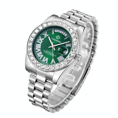 Men Quartz Watch with Diamond-encrusted Roman Numeral Dial - Silver Shell Green Dial