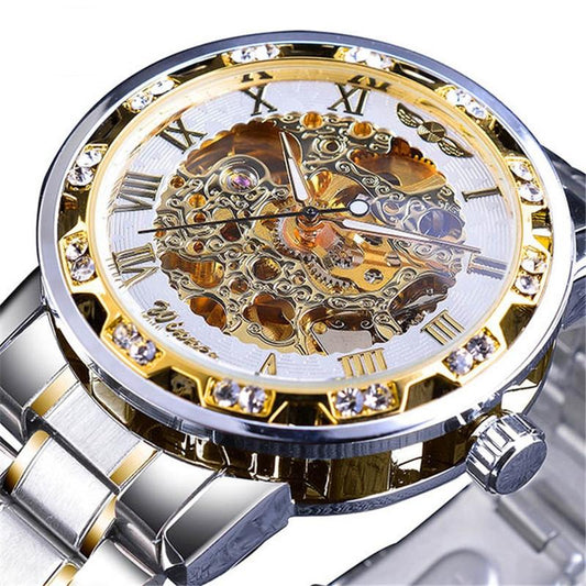 Men Skeleton Diamond Mechanical Watch - Luminous Pointer - Silver Belt Gold Shell White Face