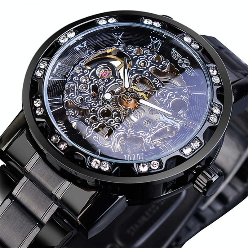 Men Skeleton Diamond Mechanical Watch - Luminous Pointer - Silver Belt Gold Shell White Face