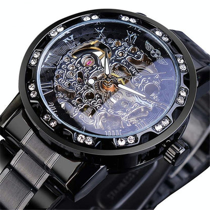 Men Skeleton Diamond Mechanical Watch - Luminous Pointer - Silver Belt Gold Shell White Face