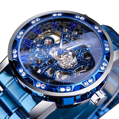 Men Skeleton Diamond Mechanical Watch - Luminous Pointer - Silver Belt Gold Shell White Face