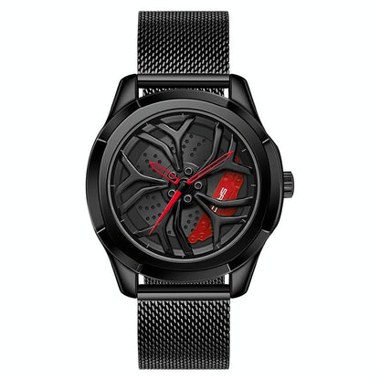 Men Mesh Belt Quartz Watch with 3d Hollow out Wheel - Silver Red