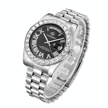 Men Quartz Watch with Diamond-encrusted Roman Numeral Dial - Silver Shell Red Dial