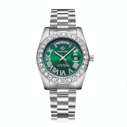 Men Quartz Watch with Diamond-encrusted Roman Numeral Dial - Silver Shell Red Dial