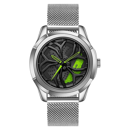 Men Mesh Belt Quartz Watch with 3d Hollow out Wheel - Silver Green