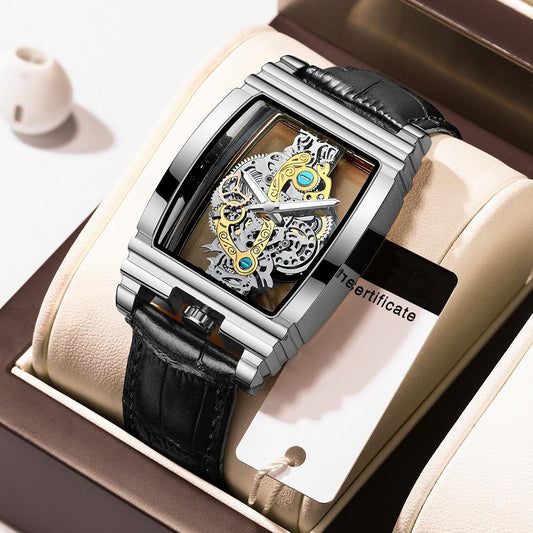 Waterproof Luminous Business Watch for Men - Gear Hollow Outdoor - Black Leather White Steel