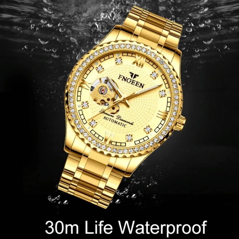 Gold Automatic Mechanical Watch with Diamond Accents for Men