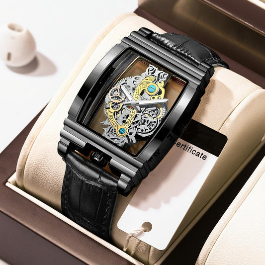 Waterproof Luminous Business Watch for Men - Gear Hollow Outdoor - Black Leather Black Steel