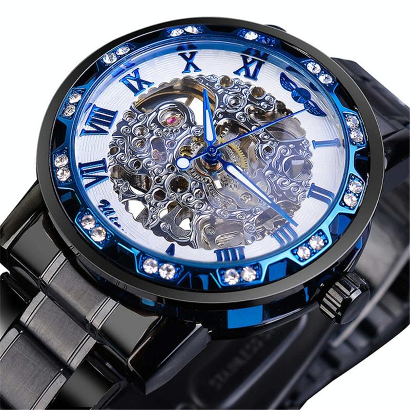 Men Skeleton Diamond Mechanical Watch - Luminous Pointer - Black Belt White Face Blue Word