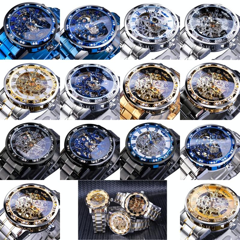 Men Skeleton Diamond Mechanical Watch - Luminous Pointer - Black Belt White Face Blue Word