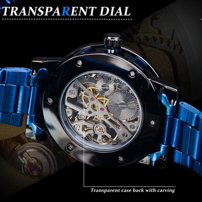 Men Skeleton Diamond Mechanical Watch - Luminous Pointer - Black Belt White Face Blue Word