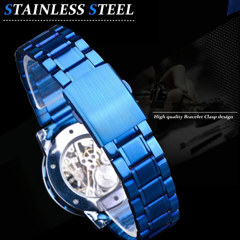 Men Skeleton Diamond Mechanical Watch - Luminous Pointer - Black Belt White Face Blue Word
